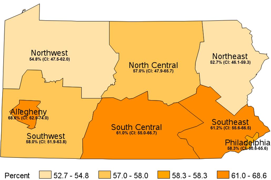 Had Flu Shot or Flu Vaccine Sprayed in Nose in the Past Year, Pennsylvania Health Districts, 2020